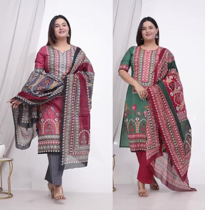 Plus Size Comfortable Cotton 3 Pcs Punjabi Suit With Dupatta [ Export Quality]