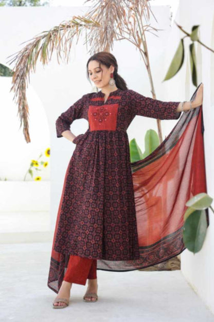 Trendy Pure Cotton Black Anarkali 3 Pcs Punjabi Suit with Dupatta [ Export Quality]
