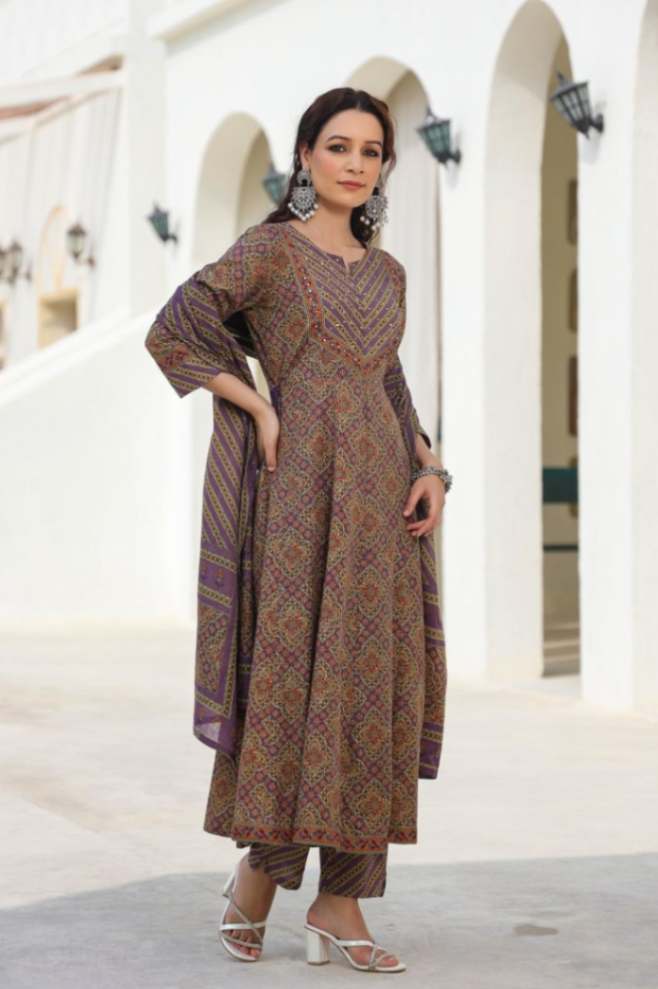Earthy Purple Cotton-Blend Ethnic Printed Anarkali Pnjabbi Suit 3 Pcs Set [ Export Quality]