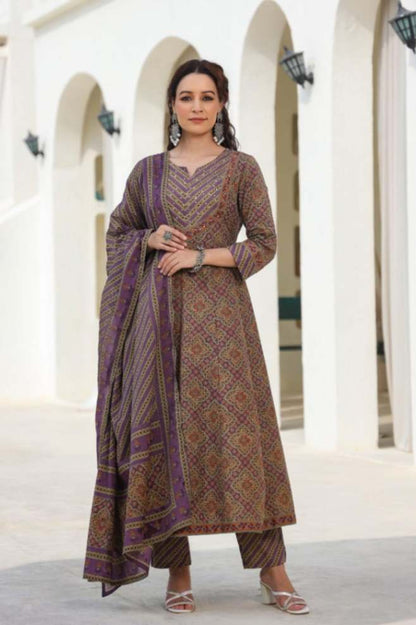 Earthy Purple Cotton-Blend Ethnic Printed Anarkali Pnjabbi Suit 3 Pcs Set [ Export Quality]