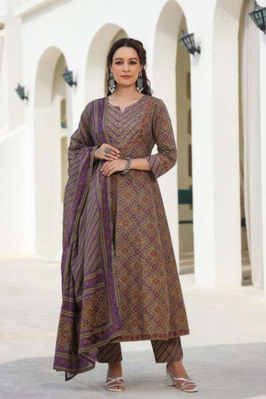 Earthy Purple Cotton-Blend Ethnic Printed Anarkali Pnjabbi Suit 3 Pcs Set [ Export Quality]