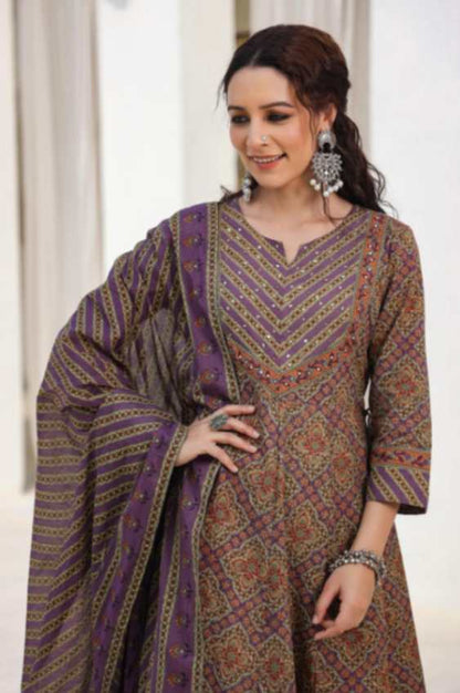 Earthy Purple Cotton-Blend Ethnic Printed Anarkali Pnjabbi Suit 3 Pcs Set [ Export Quality]