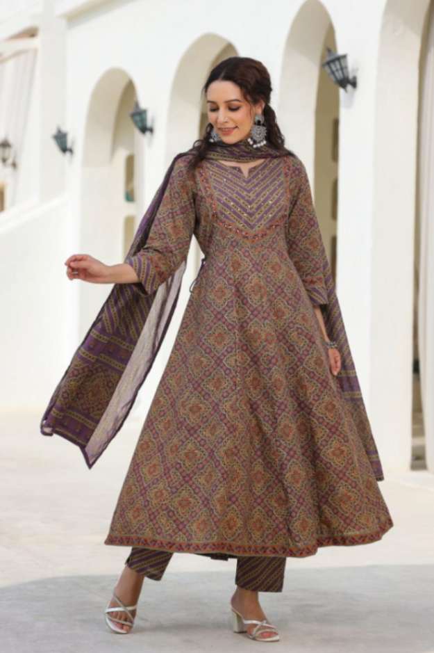 Earthy Purple Cotton-Blend Ethnic Printed Anarkali Pnjabbi Suit 3 Pcs Set [ Export Quality]