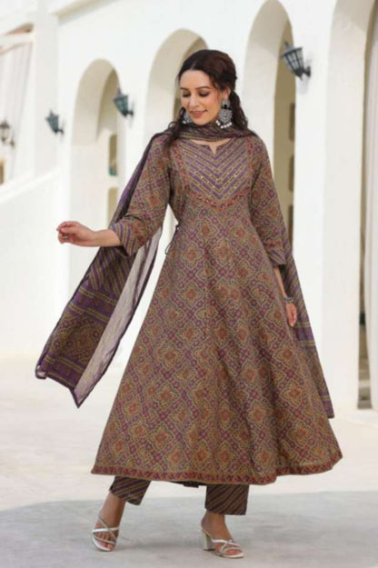 Earthy Purple Cotton-Blend Ethnic Printed Anarkali Pnjabbi Suit 3 Pcs Set [ Export Quality]
