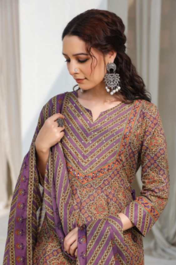 Earthy Purple Cotton-Blend Ethnic Printed Anarkali Pnjabbi Suit 3 Pcs Set [ Export Quality]