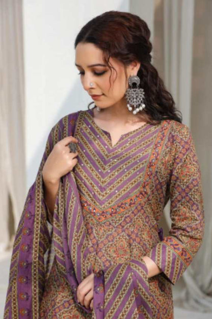 Earthy Purple Cotton-Blend Ethnic Printed Anarkali Pnjabbi Suit 3 Pcs Set [ Export Quality]