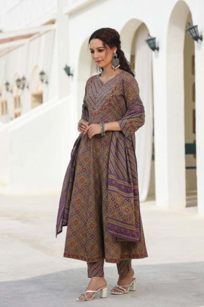 Earthy Purple Cotton-Blend Ethnic Printed Anarkali Pnjabbi Suit 3 Pcs Set [ Export Quality]