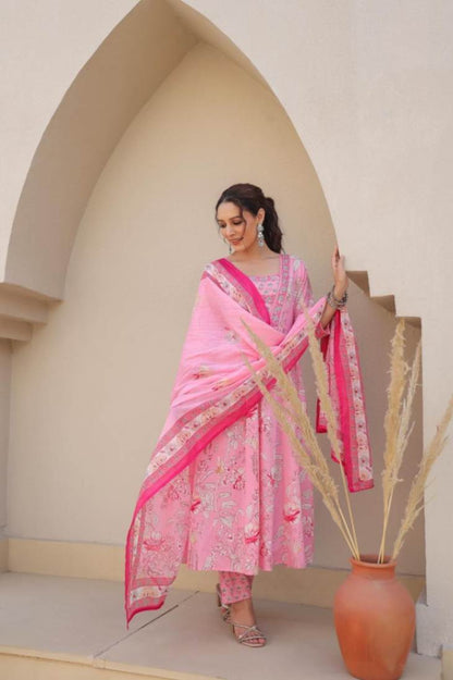 Pink Floral Pure Cotton Alia Style Anarkali Punjabi Suit with Dupatta 3 Pcs Set [ Export Quality]