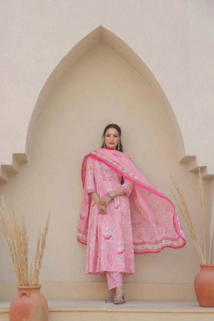 Pink Floral Pure Cotton Alia Style Anarkali Punjabi Suit with Dupatta 3 Pcs Set [ Export Quality]