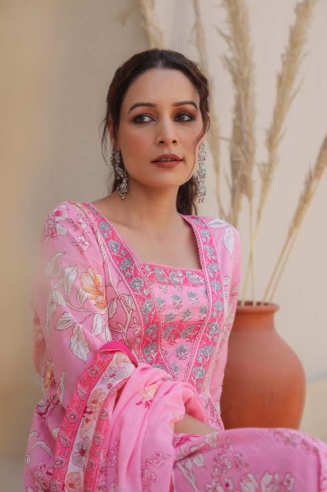 Pink Floral Pure Cotton Alia Style Anarkali Punjabi Suit with Dupatta 3 Pcs Set [ Export Quality]