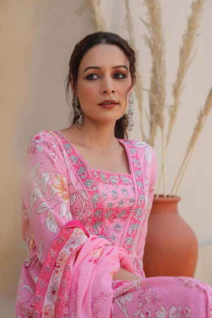 Pink Floral Pure Cotton Alia Style Anarkali Punjabi Suit with Dupatta 3 Pcs Set [ Export Quality]