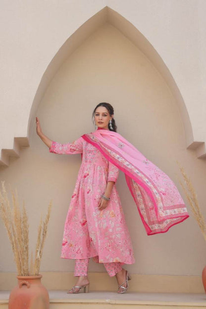 Pink Floral Pure Cotton Alia Style Anarkali Punjabi Suit with Dupatta 3 Pcs Set [ Export Quality]