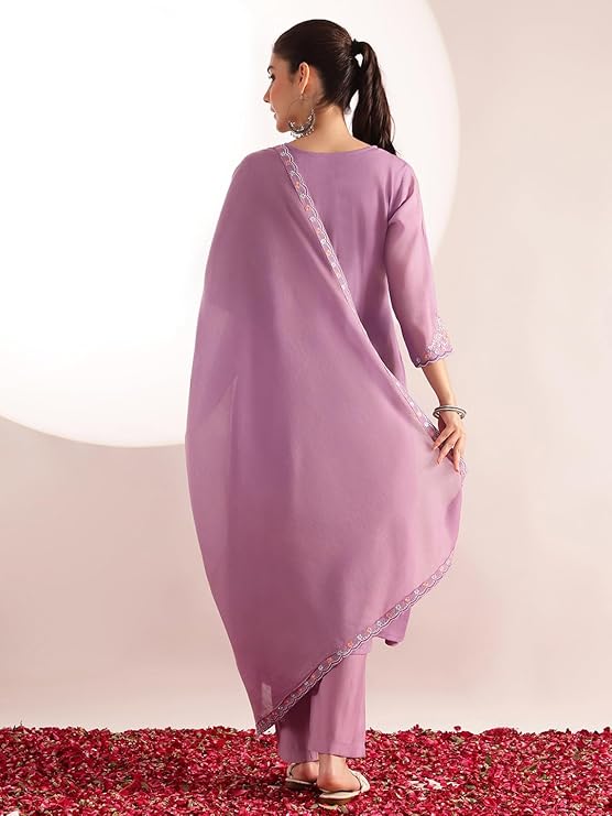Lavender Mul Chanderi Embroidered 3 Pcs Punjabi Suit with Linings