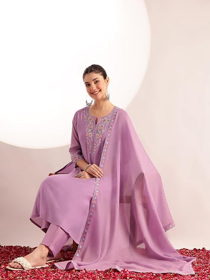 Lavender Mul Chanderi Embroidered 3 Pcs Punjabi Suit with Linings