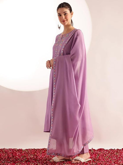 Lavender Mul Chanderi Embroidered 3 Pcs Punjabi Suit with Linings
