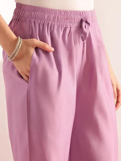 Lavender Mul Chanderi Embroidered 3 Pcs Punjabi Suit with Linings