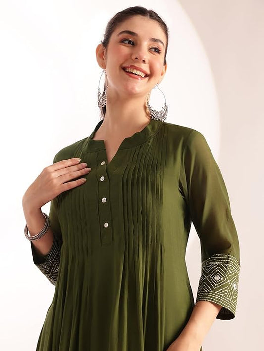 Olive Green Mul Chanderi Embroidered 3 Pcs Punjabi Suit with Linings