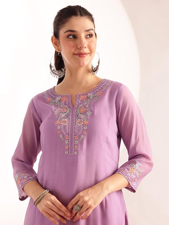 Lavender Mul Chanderi Embroidered 3 Pcs Punjabi Suit with Linings