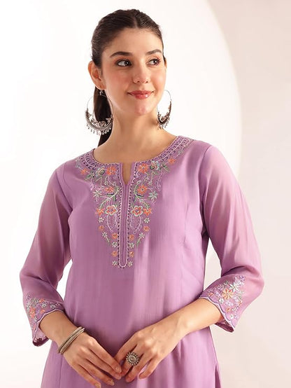 Lavender Mul Chanderi Embroidered 3 Pcs Punjabi Suit with Linings