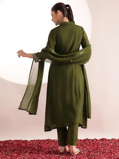 Olive Green Mul Chanderi Embroidered 3 Pcs Punjabi Suit with Linings