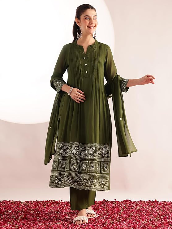 Olive Green Mul Chanderi Embroidered 3 Pcs Punjabi Suit with Linings