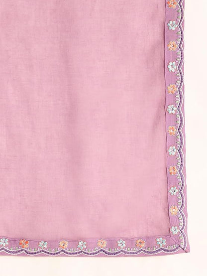 Lavender Mul Chanderi Embroidered 3 Pcs Punjabi Suit with Linings