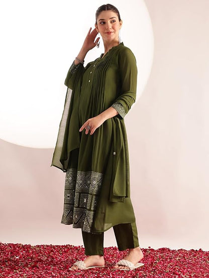 Olive Green Mul Chanderi Embroidered 3 Pcs Punjabi Suit with Linings