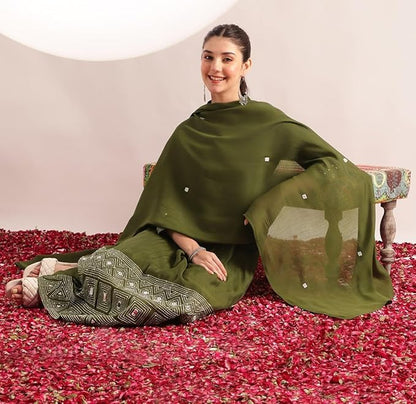 Olive Green Mul Chanderi Embroidered 3 Pcs Punjabi Suit with Linings