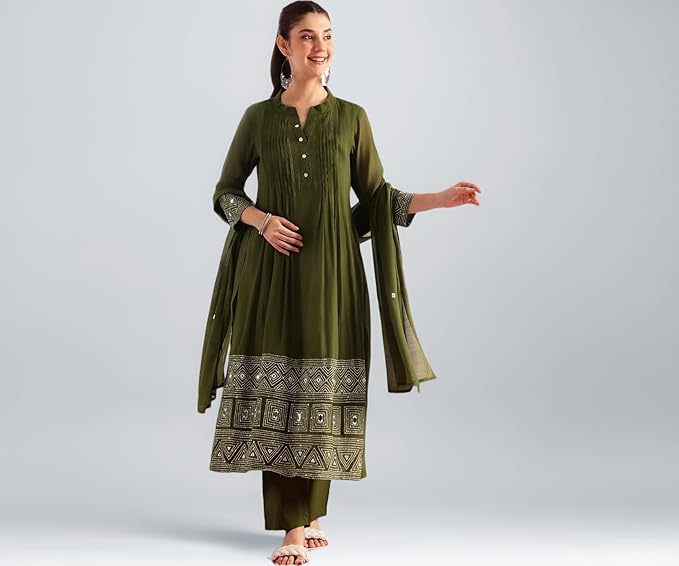 Olive Green Mul Chanderi Embroidered 3 Pcs Punjabi Suit with Linings