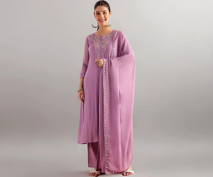 Lavender Mul Chanderi Embroidered 3 Pcs Punjabi Suit with Linings