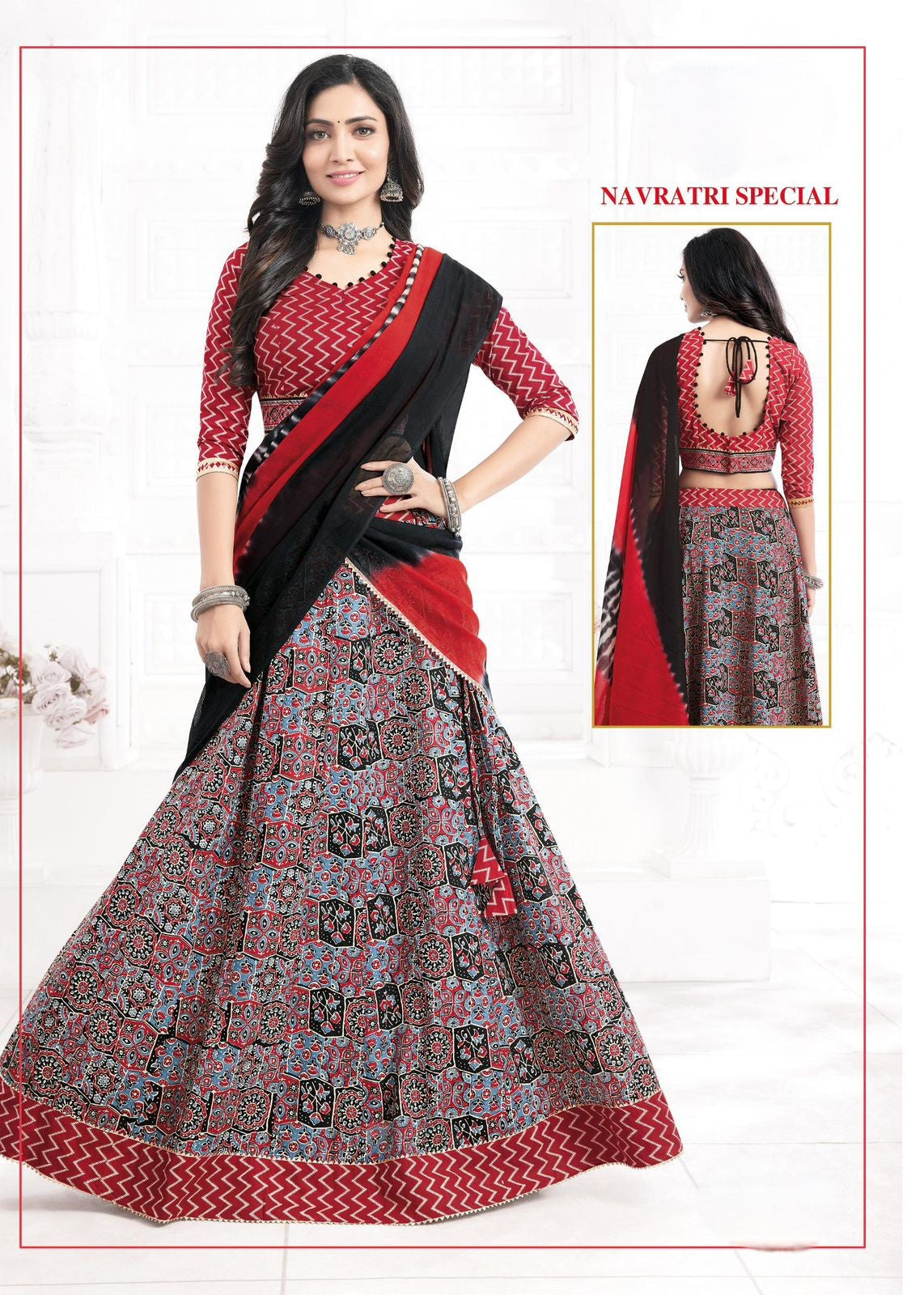 Festive Special Cotton Ajrakh Printed Lehnga Set with Stitched Blouse & Soft Cotton Dupatta [ Export Quality]