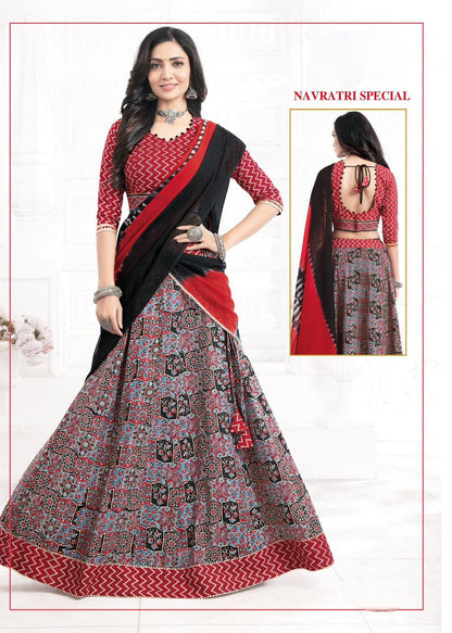 Festive Special Cotton Ajrakh Printed Lehnga Set with Stitched Blouse & Soft Cotton Dupatta [ Export Quality]