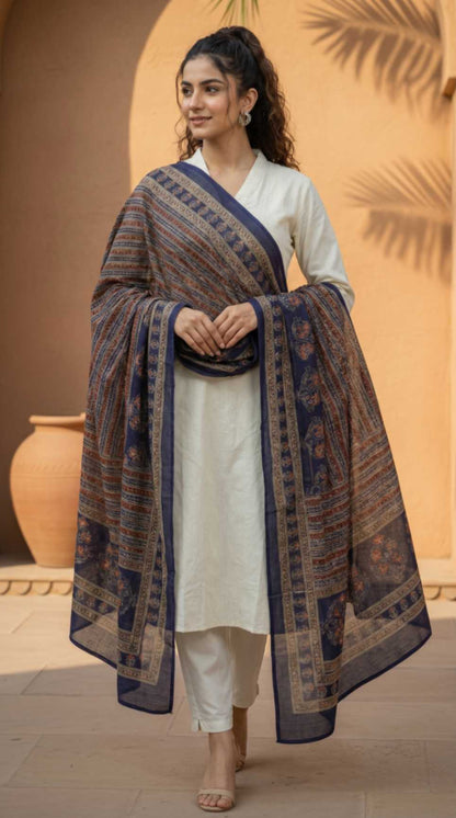 Royal Blue Cotton Traditional Printed Ethnic -Only Dupatta