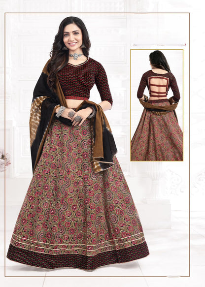 Festive Special Cotton Ajrakh Printed Lehnga Set with Stitched Blouse & Soft Cotton Dupatta [ Export Quality]