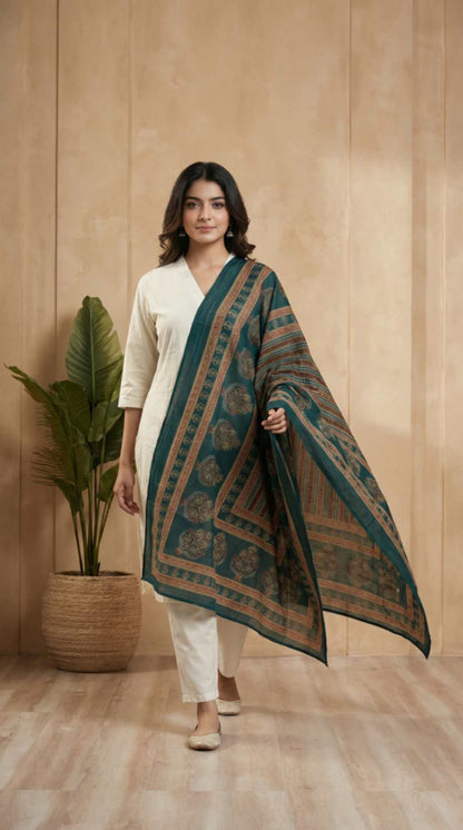 Emerald Green Traditional Cotton Printed Ethnic Only Dupatta
