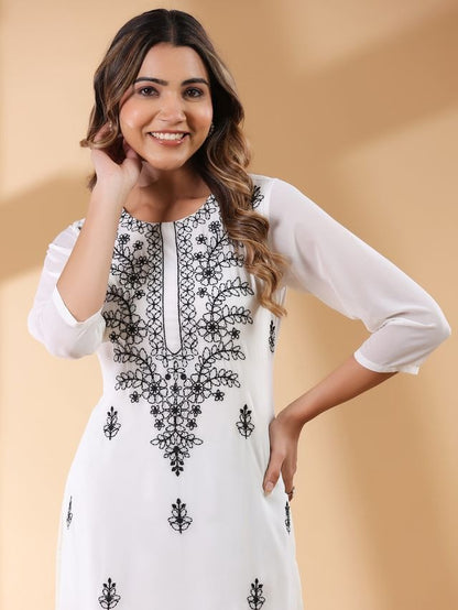 White Georgette Thread Embroidered Straight Punjabi Kurta \ Only Top [ Export Quality ]