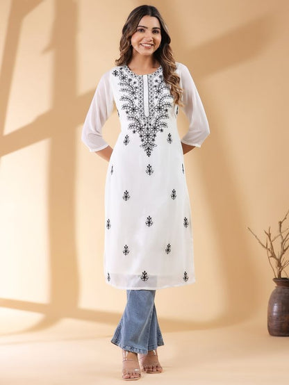 White Georgette Thread Embroidered Straight Punjabi Kurta \ Only Top [ Export Quality ]