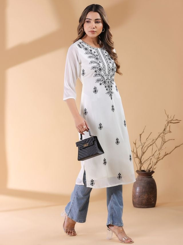 White Georgette Thread Embroidered Straight Punjabi Kurta \ Only Top [ Export Quality ]