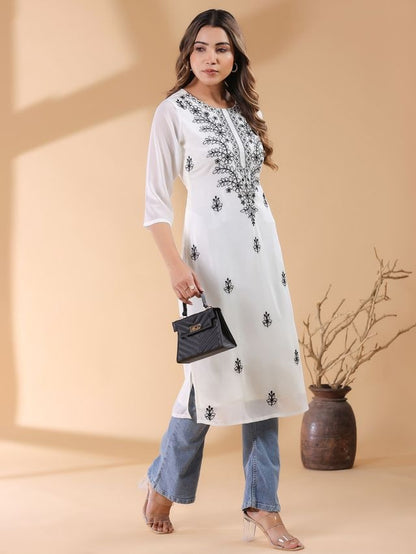White Georgette Thread Embroidered Straight Punjabi Kurta \ Only Top [ Export Quality ]