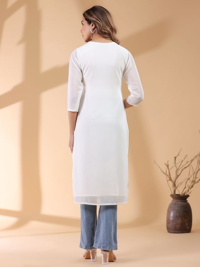 White Georgette Thread Embroidered Straight Punjabi Kurta \ Only Top [ Export Quality ]