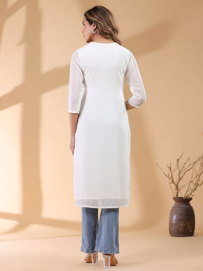 White Georgette Thread Embroidered Straight Punjabi Kurta \ Only Top [ Export Quality ]