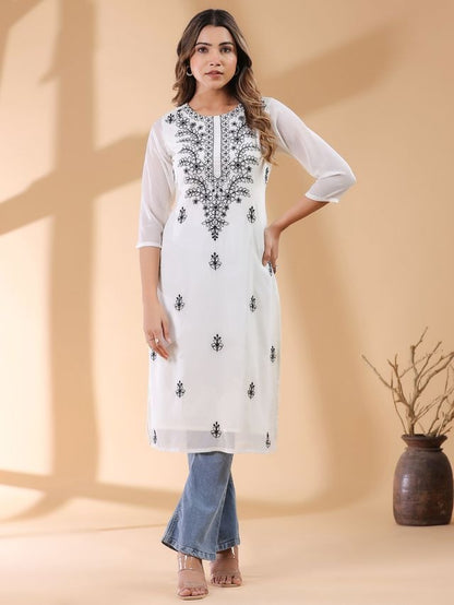 White Georgette Thread Embroidered Straight Punjabi Kurta \ Only Top [ Export Quality ]