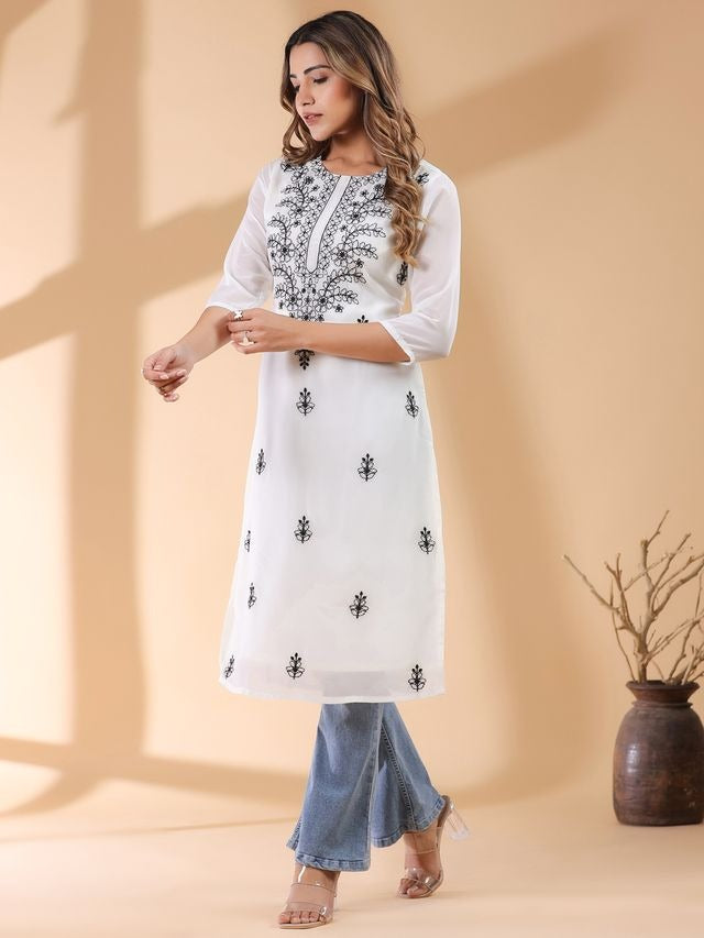 White Georgette Thread Embroidered Straight Punjabi Kurta \ Only Top [ Export Quality ]