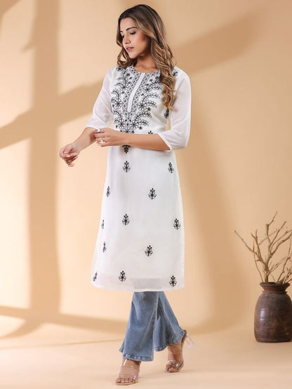 White Georgette Thread Embroidered Straight Punjabi Kurta \ Only Top [ Export Quality ]