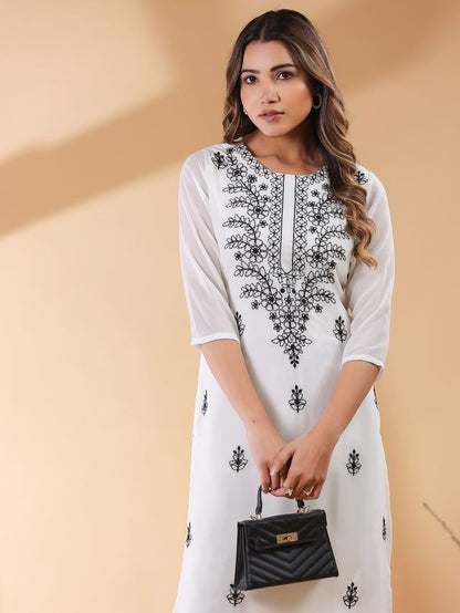 White Georgette Thread Embroidered Straight Punjabi Kurta \ Only Top [ Export Quality ]