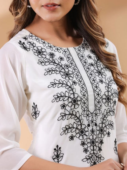 White Georgette Thread Embroidered Straight Punjabi Kurta \ Only Top [ Export Quality ]