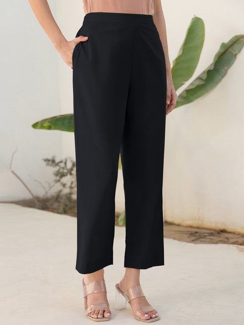 Versatile Comfortable Black Khadi Cotton Solid Straight Pant [ Export Quality ]