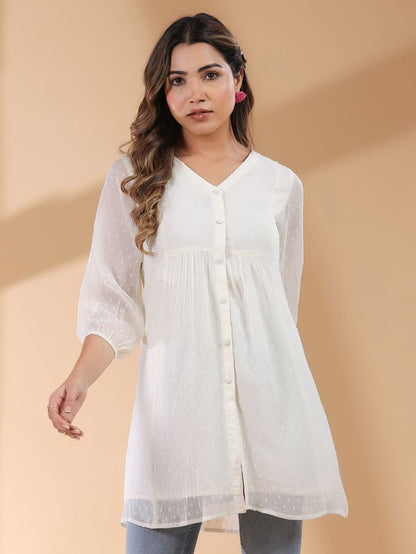 Off White Chiffon A-Line Tunic\ Short Top \ Only Top with linings [ Export Quality]