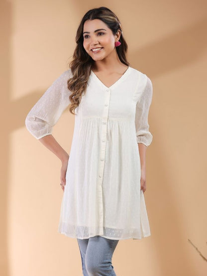 Off White Chiffon A-Line Tunic\ Short Top \ Only Top with linings [ Export Quality]