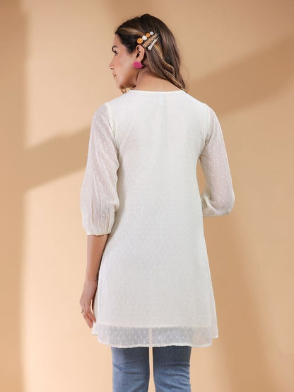 Off White Chiffon A-Line Tunic\ Short Top \ Only Top with linings [ Export Quality]